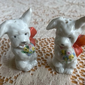 Vintage Japanese puppy with flowers salt and pepper shakers