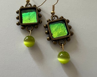 Yellow green earrings with dichroic glass and cat’s eye beads - item #E304