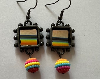 Sunset earrings with dichroic glass and rainbow beads - item #E310