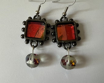 Red and salmon dichroic glass  earrings with multi colored faceted beads - item #E309