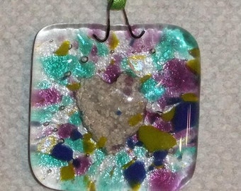 Pet Cremation Sun Catcher Wall Hanging 1 1/2" square Pet ashes are shaped into a heart and fused between layers of glass