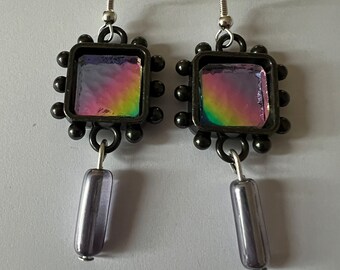 Purple pink yellow green rainbow earrings with dichroic glass and iridescent purple beads - item #E307