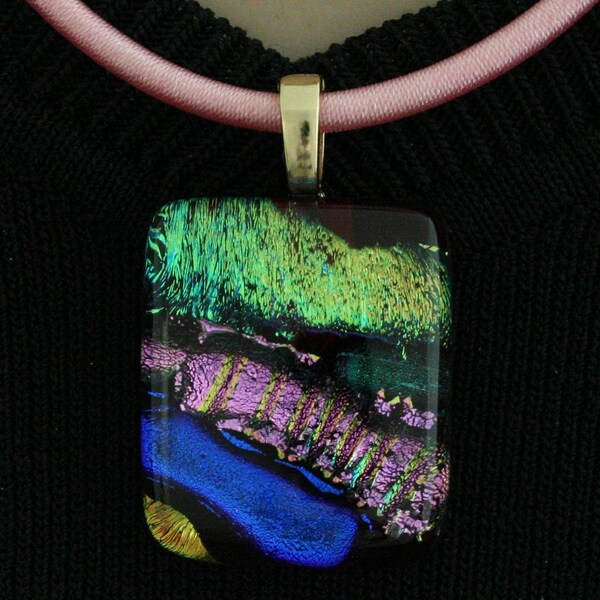 Mosaic Fused Glass Pendant Dichroic Light Pink Yellow Dark Blue Lime Green 1522