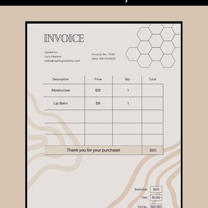 May include: A black and white invoice template with a honeycomb pattern in the top right corner. The invoice is for Lars Peeters and includes a list of items, prices, quantities, and a total amount of $21.50.