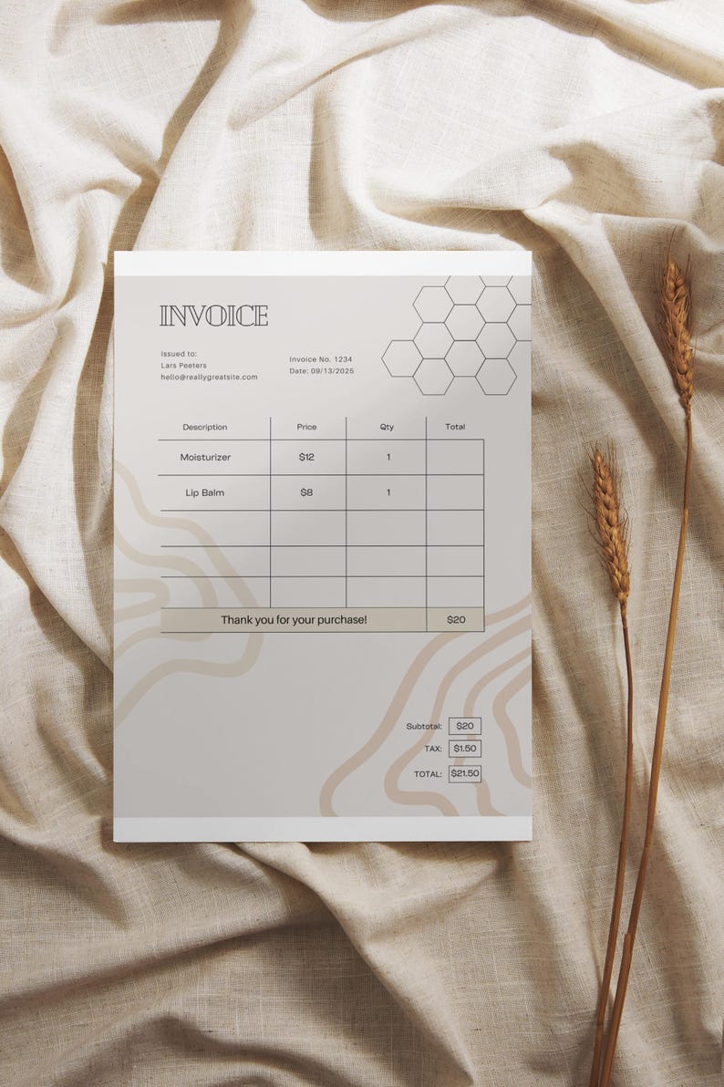 May include: A beige invoice with a honeycomb pattern at the top. The invoice lists two items: Moisturizer for $12 and Lip Balm for $8. The total is $21.50.