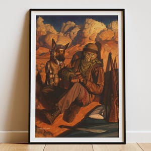 Póster de Fallout / Rex y el mensajero de New Vegas / Lámina de arte mural / Regalo para jugadores / Póster de videojuego / Rex y el mensajero de DeimosArt