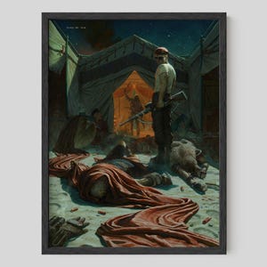 May include: Framed artwork depicting a war scene. A soldier stands with a rifle, surrounded by fallen figures and a tent in the background. The artwork features a dark color palette with red and brown tones.