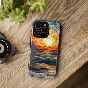 Ocean Sunset Phone Case, Stained Glass Design, Glossy Finish Tough Case for iPhone, Samsung Galaxy, Google Pixel