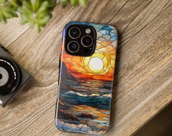 Ocean Sunset Tough Phone Case, Stained Glass Art, iPhone, Galaxy, Pixel, Glossy Finish