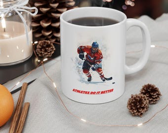 Taza de café con diseño de jugador de hockey, con acción de juego, apta para microondas y lavavajillas, de cerámica blanca brillante.