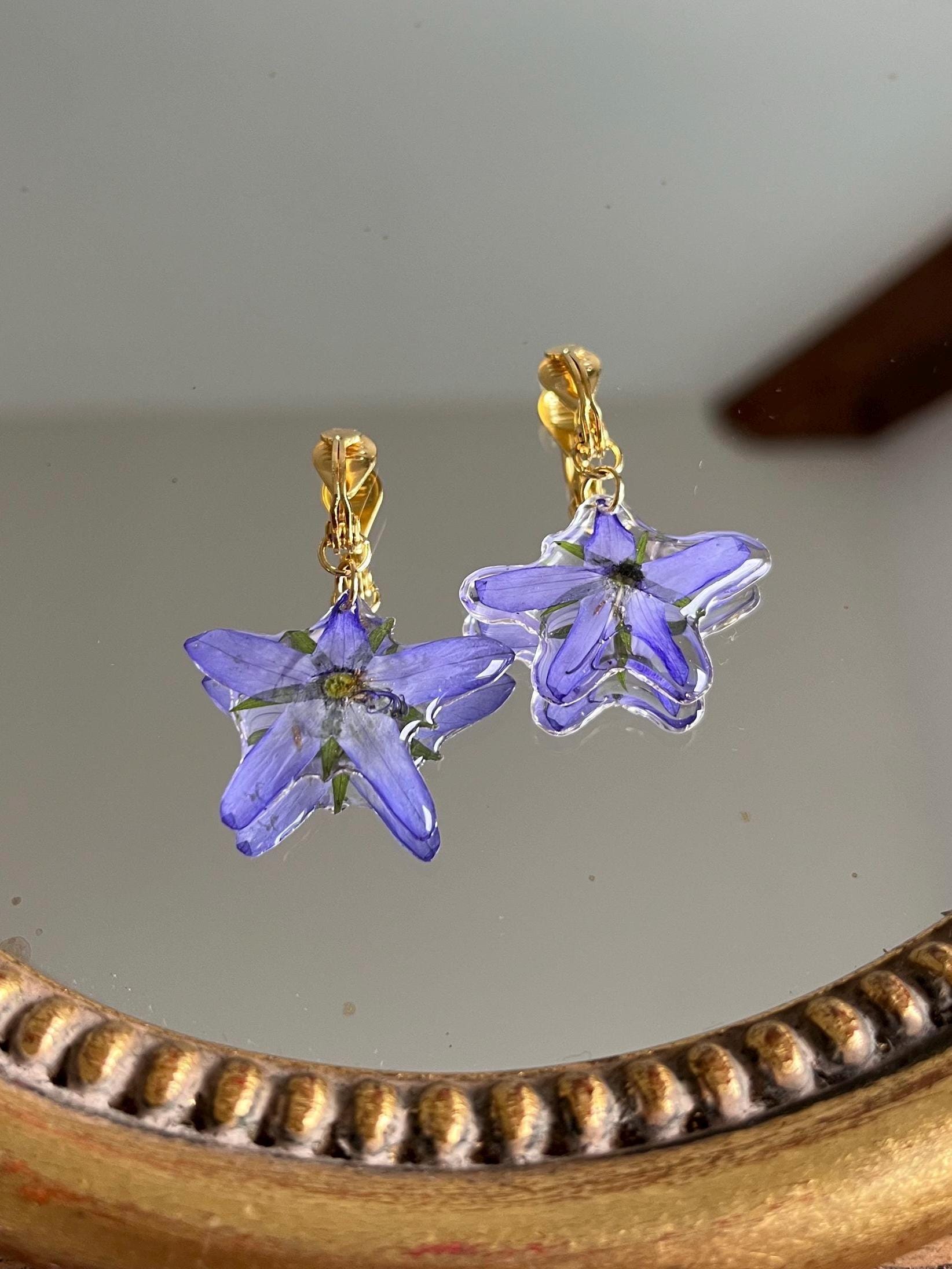 Bellflower flower clip-on earrings, dried flower earrings, clip-on earrings, non-pierced earrings