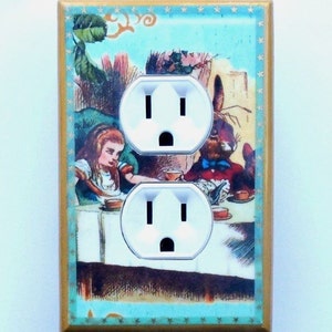 GOLD plates on Alice in Wonderland switchplates w/ detailed MATCHING SCREWS- Wonderland bedroom Alice outlets Alice in Wonderland wall decor