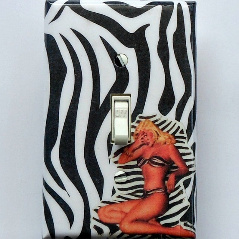 Pin up Switches & LARGE STICKERS pinup girl bathroom pinup art exercise pinup gag switch adult wall art Pinup Cell Phone STICKERS laminated #2 Zebra (blk & wht)