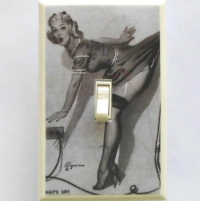 Pin up Switches & LARGE STICKERS pinup girl bathroom pinup art exercise pinup gag switch adult wall art Pinup Cell Phone STICKERS laminated #8 Vacuum (blk & wt)
