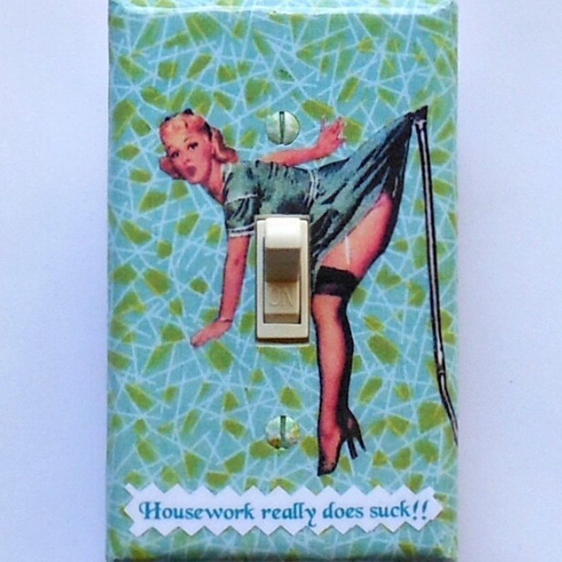 Pin up Switches & LARGE STICKERS pinup girl bathroom pinup art exercise pinup gag switch adult wall art Pinup Cell Phone STICKERS laminated #9 Housework sucks