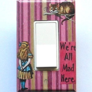Alice ROCKER & OUTLET sets with MATCHING Screws- Cheshire Cat Alice in Wonderland wallpaper Alice art print Alice switch plate cover fixture