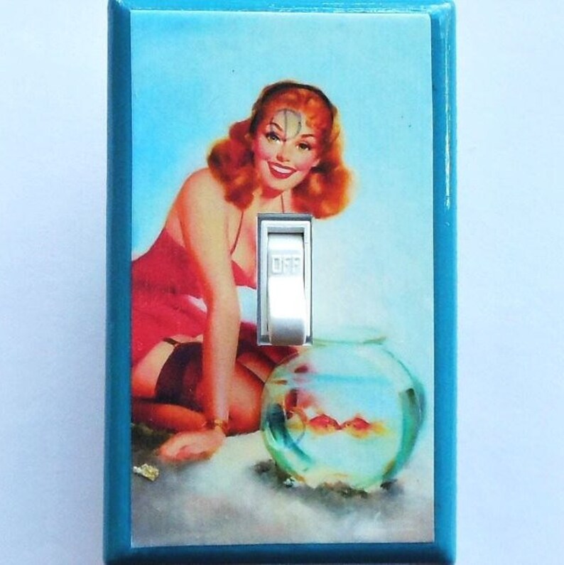 Pin up Switches & LARGE STICKERS pinup girl bathroom pinup art exercise pinup gag switch adult wall art Pinup Cell Phone STICKERS laminated #10 Fish bowl