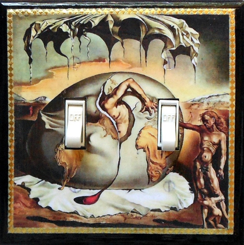 May include: A decorative light switch cover featuring a surrealist painting with a figure emerging from an egg-shaped form. The artwork includes a landscape with figures and a black frame. Two white switches are labeled "OFF".