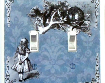 Alice DOUBLE switchplates and MATCHING SCREWS Alice double light switch Alice in Wonderland art Alice switchplates Cheshire cat White Rabbit