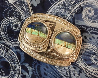 Vintage Turquoise and Coral Belt Buckle: Tooled Leather Belt  display picture 2