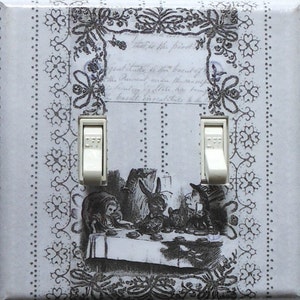 Alice DOUBLE switchplates Black and white and gray MATCHING Screws Alice in Wonderland switchplate Alice in Wonderland wall decoration fairy