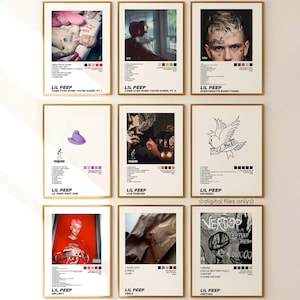 May include: A collection of nine framed art prints featuring album art and portraits of Lil Peep. Each print has a unique color palette and design, with text including album titles and song lists. The prints are displayed on a white wall.