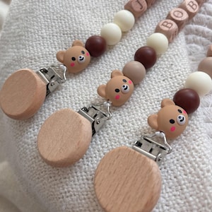 Clips en silicone pour tétine, Ours en peluche personnalisé, Lettre en bois, Beige neutre, Style bohème, Perles en silicone, Attache-tétine