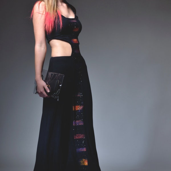 SAMPLE SALE Flaming Star Nebula, Maxi Dress, Hand painted striped nebula panel, Side Cutouts, and Spacey Mesh Straps,Futuristic-Size S-M