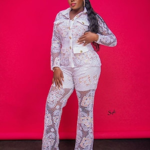 Pant and top outfit, bridal dress, jumpsuit, white 2 pieces set, Lace outfit, African women clothing,  evening,  prom lace dress.