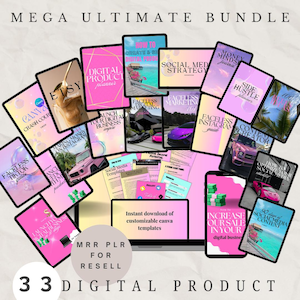 May include: A collection of 33 digital products for resale, including Canva templates, social media strategy guides, and business launch checklists. The products are displayed on a laptop screen with a pink and yellow colour scheme.