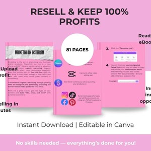 Może przedstawiać: R&oacute;żowa grafika z tekstem "RESELL & KEEP 100% PROFITS" i "MARKETING ON INSTAGRAM". Zawiera "Gotowy do sprzedaży przewodnik po eBookach" i "Natychmiastową możliwość zarobku". Przewodnik ma 81 stron i jest edytowalny w Canva.