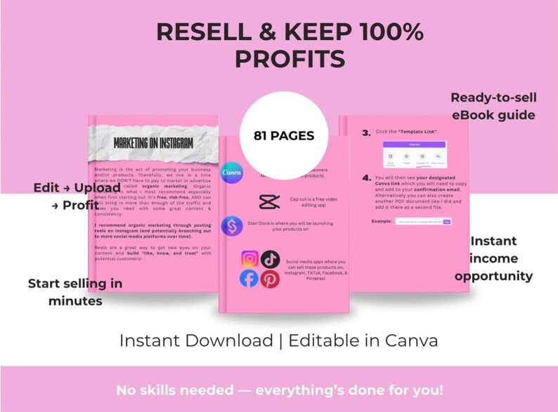 Może przedstawiać: R&oacute;żowa grafika z tekstem "RESELL & KEEP 100% PROFITS" i "MARKETING ON INSTAGRAM". Zawiera "Gotowy do sprzedaży przewodnik po eBookach" i "Natychmiastową możliwość zarobku". Przewodnik ma 81 stron i jest edytowalny w Canva.