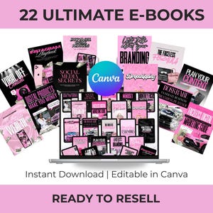 Peut inclure: Image d'un ordinateur portable affichant 22 e-books, avec des titres tels que "Branding" et "Plan Your Content". Les livres sont roses et noirs, avec le logo Canva. Le texte indique "Téléchargement instantané | Modifiable dans Canva" et "Prêt à revendre".