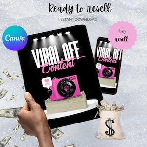 Könnte beinhalten: Digitales Designkonzept mit einem Tablet und Smartphone, das den Text "VIRAL OFF Content" und eine rosa Kamera-Grafik zeigt. Das Bild enthält Geldscheine und den Text "Ready to resell" und "Instant Download".