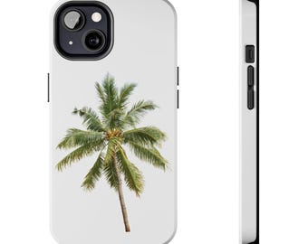 May include: White phone case featuring a green palm tree design. The case has a glossy finish and a black border. The palm tree has green fronds and a brown trunk, set against a white background. The case is designed to fit a smartphone.