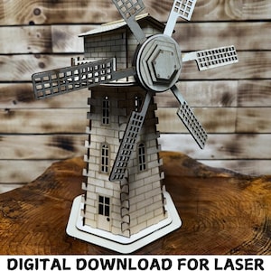 Puede incluir: Un modelo de madera de un molino de viento con una base blanca y aspas de madera marrón. El modelo está sobre una superficie de madera. DESCARGA DIGITAL PARA LÁSER
