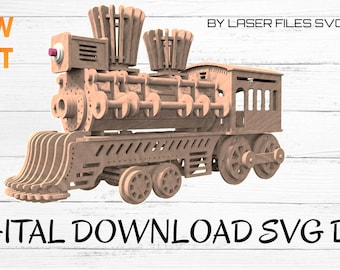 Steam Train Laser Cut File, 3D Wooden Locomotive Model Kit SVG DXF, 3mm Plywood Puzzle Toy, Glowforge Lightburn xTool Digital Download
