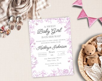 Peut inclure: Une invitation de fête prénatale blanche avec une bordure florale violette. Le texte indique "A Sweet Baby Girl is on her way!"  Veuillez vous joindre à nous pour une fête prénatale en l'honneur de la future maman Kathryn Johnson. Samedi, 11 novembre, 14h00-16h00. 123 Awesome Place, Any City, St. Veuillez confirmer votre présence à Sarah.