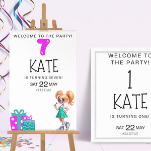 Puede incluir: Dos carteles blancos de fiesta con texto. Un cartel dice "¡Bienvenida a la fiesta!" con el número 7, el nombre "KATE" y "¡CUMPLE SIETE!" El otro cartel dice "¡Bienvenida a la fiesta!" con el número 1, el nombre "KATE" y "¡CUMPLE UNO!"