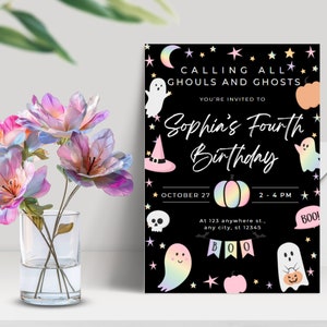 Editable Pastel Halloween Invitation, Holographic Halloween, Spooky Invitation, Halloween Template, Birthday Printable, Halloween birthday