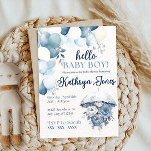 Editable Elegant Baby Boy Shower Invitation, Blue Floral Invite, Blue Toile Baby Shower Invite, Hello Baby Boy, Toile de Jouy Baby Shower