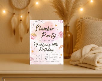 Editable Slumber Party Invitation with Pink Girly Elements | Sleepover Birthday Invite Template | Digital Download for Girls Pajama Party