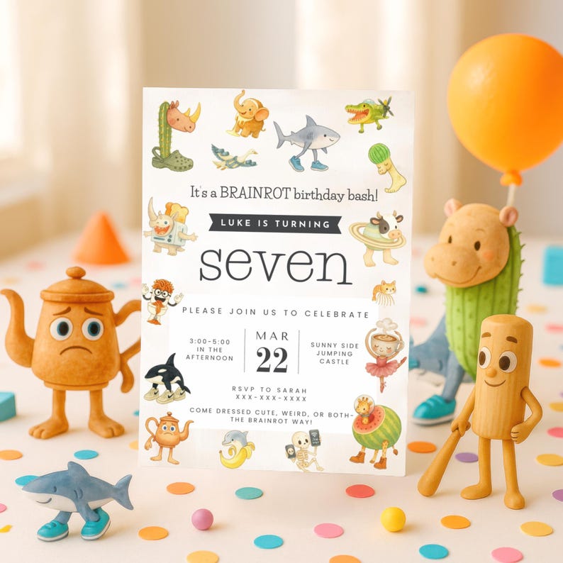 May include: A whimsical birthday party invitation with the text "It's a BRAINROT birthday bash!" and "Luke is turning seven." The invitation features cartoon illustrations and is surrounded by toy figurines and a balloon.