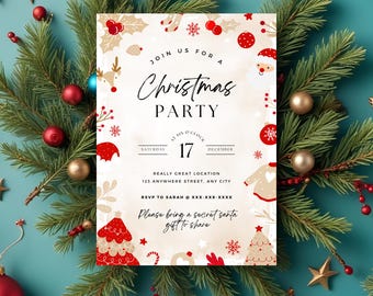 May include: A Christmas party invitation with festive illustrations and text. The invitation features a watercolor background with red and gold accents, including a Christmas tree, Santa, and snowflakes. The text reads "Join us for a Christmas Party."