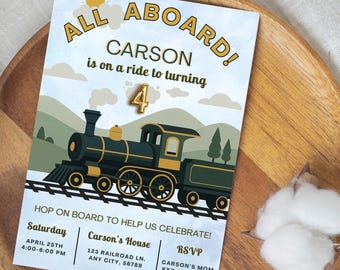 Editable Train Birthday Invitation Template, Train Party Invite, 4th Birthday Invitation Train, All Aboard, Customizable Invite Download