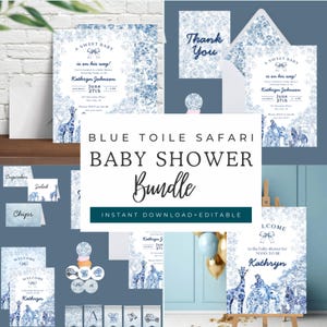 Editable Blue Toile Safari Baby Boy Shower Bundle, Elegant Sweet Baby Boy Animals Invitation Template, Toile de Jouy, Instant Download