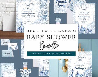Editable Blue Toile Safari Baby Boy Shower Bundle, Elegant Sweet Baby Boy Animals Invitation Template, Toile de Jouy, Instant Download