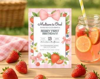 Berry First Birthday Invitation Template – Editable Strawberry Birthday Invite for Girl, Pink Gingham Watercolor Summer Party Printable