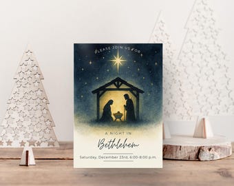 May include: A Christmas-themed invitation card with a watercolor illustration of the Nativity scene under a starry night sky. The text reads "PLEASE JOIN US FOR A NIGHT IN Bethlehem" with the date and time below. Decorative wooden Christmas trees are in the background.