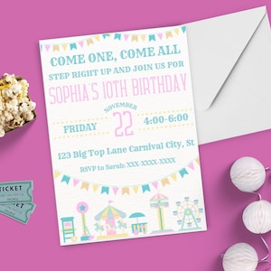 Pastel Carnival Birthday Invitation, Circus Birthday, Carnival invitation, Carnival Circus Party, Pastel editable template, Pink Carnival